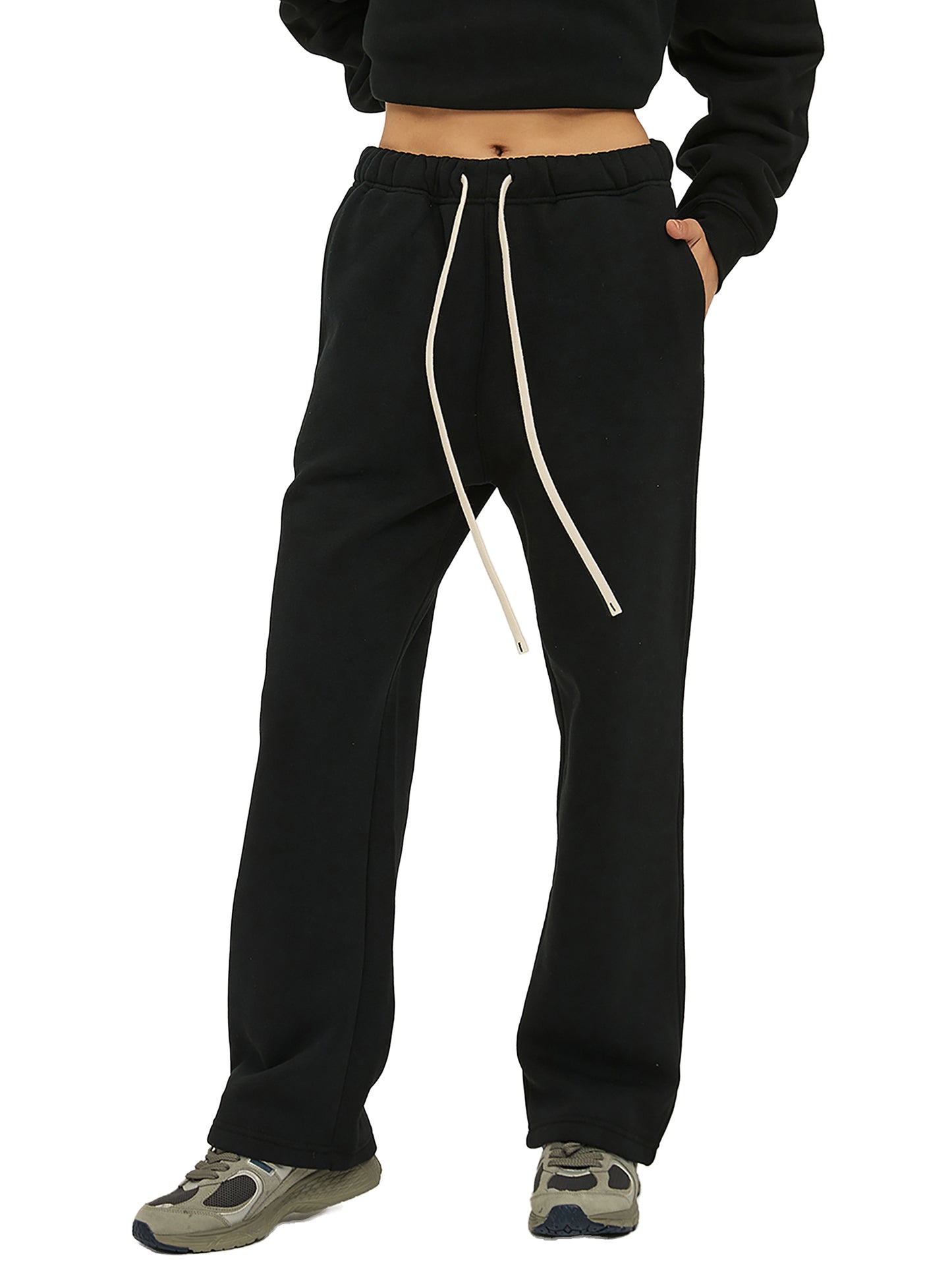Streetwear Woman's Solid Color Fleece Straight Leg Pants